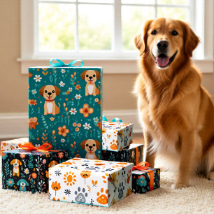 Cute Puppy Flowers set of 3  Wrapping Paper Sheet