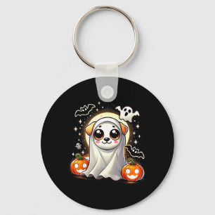 Cute Puppy Ghost Dog With Pumpkins And Bats For Key Ring