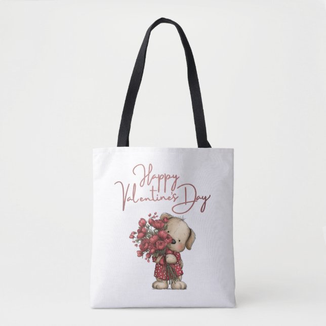 Cute Puppy Happy Valentine's Day Rose Bouquet Tote Bag (Front)