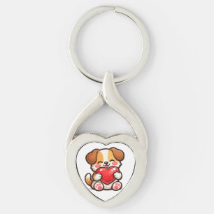 Cute Puppy Heart Mug – Kawaii Dog Hugging Red Hear Key Ring
