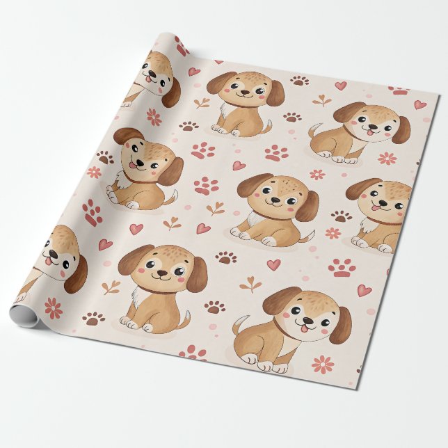 Cute Puppy Hearts Watercolor Pattern (1) Wrapping Paper (Unrolled)