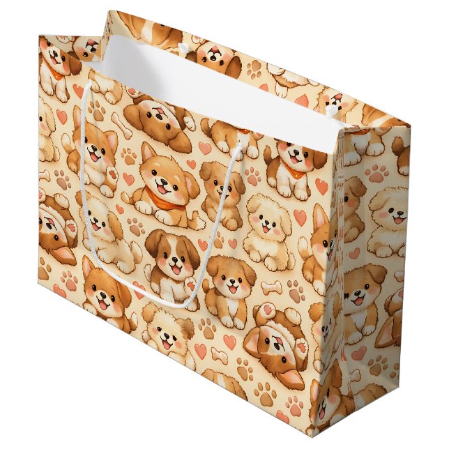 Cute Puppy Hearts Watercolor Pattern (2) Large Gift Bag (Front Angled)