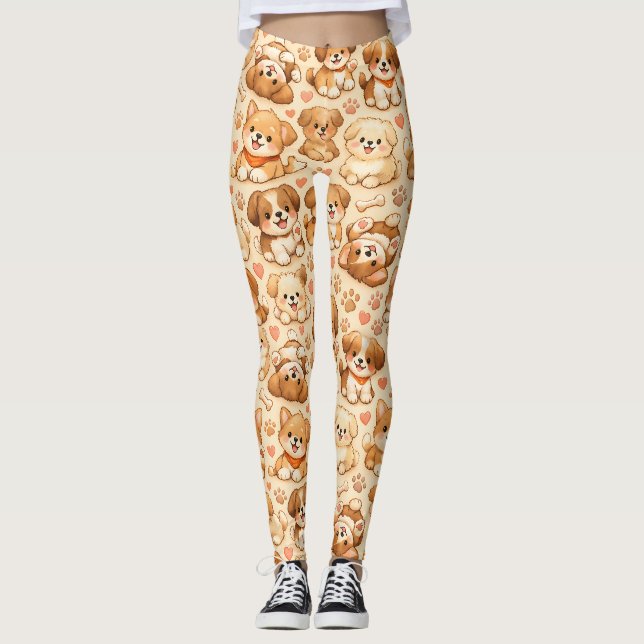 Cute Puppy Hearts Watercolor Pattern (2) Leggings (Front)