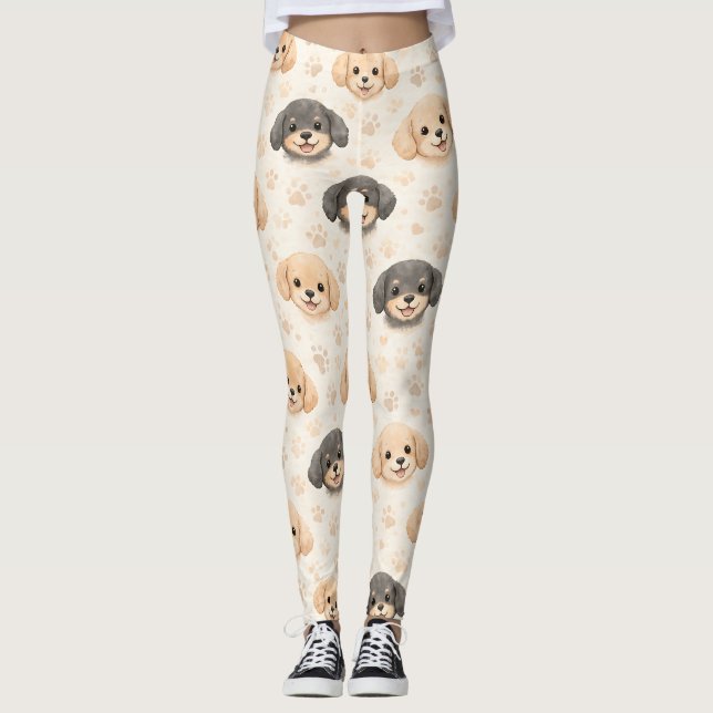 Cute Puppy Hearts Watercolor Pattern (3) Leggings (Front)