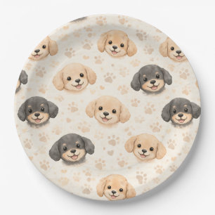 Cute Puppy Hearts Watercolor Pattern (3) Paper Plate