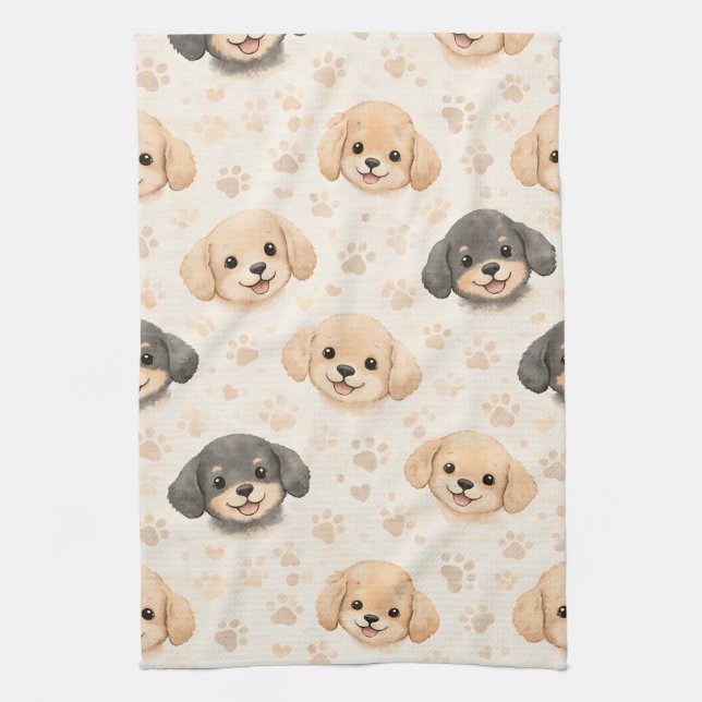 Cute Puppy Hearts Watercolor Pattern (3) Tea Towel (Vertical)