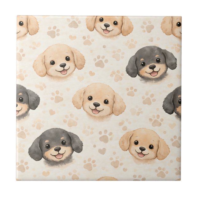 Cute Puppy Hearts Watercolor Pattern (3) Tile (Front)
