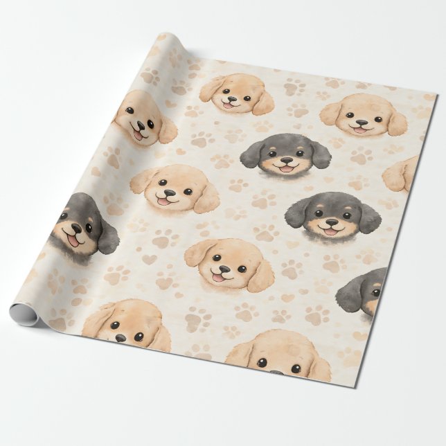 Cute Puppy Hearts Watercolor Pattern (3) Wrapping Paper (Unrolled)
