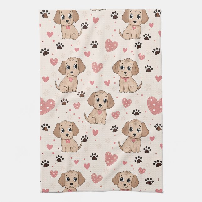 Cute Puppy Hearts Watercolor Pattern (4) Tea Towel (Vertical)