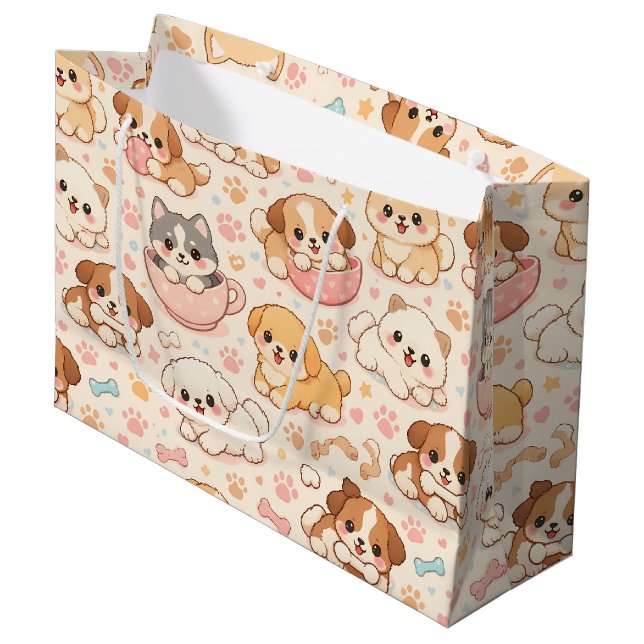 Cute Puppy Hearts Watercolor Pattern (5) Large Gift Bag (Front Angled)