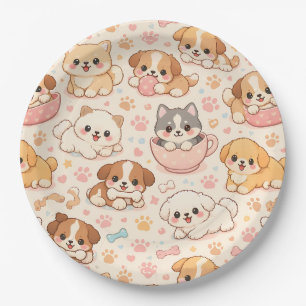 Cute Puppy Hearts Watercolor Pattern (5) Paper Plate