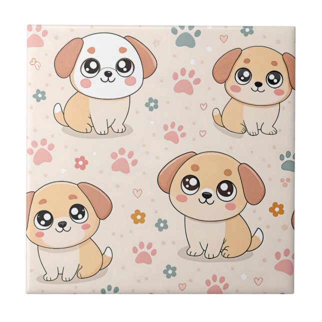 Cute Puppy Hearts Watercolor Pattern (6) Tile (Front)