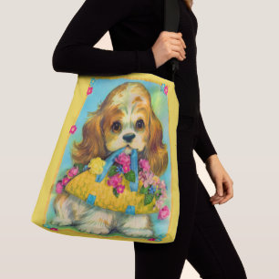 cute puppy holding flower basket crossbody bag