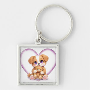 Cute Puppy Holding Teddy Bear Heart Keychain