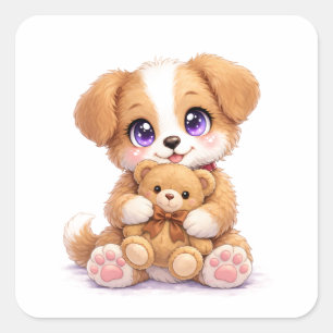 Cute Puppy Holding Teddy Bear Square Sticker