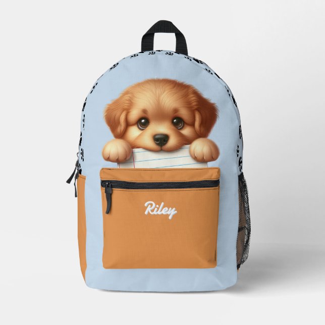 Cute Puppy Homework Eater Light Blue Brown Kids Printed Backpack (Front)