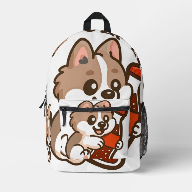 Cute Puppy Hugging Soda Bottle Printed Backpack (Front)