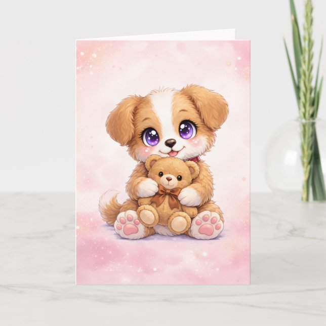 Cute Puppy Hugging Teddy Bear Greeting Card (Front)