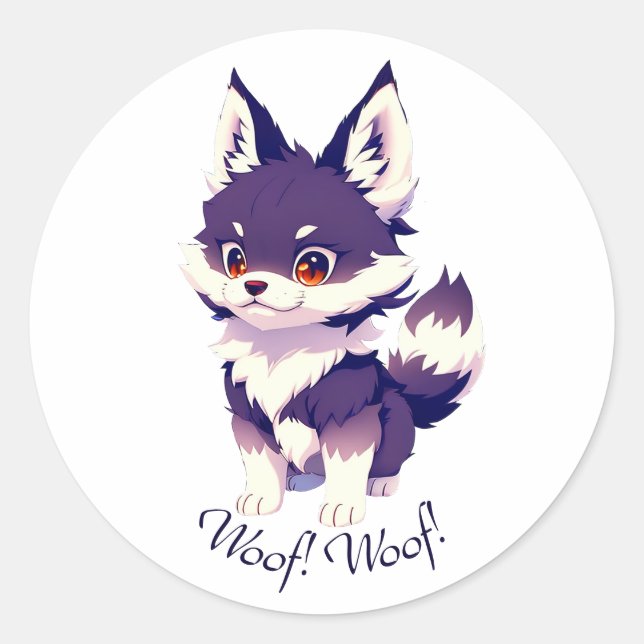 Cute puppy image in anime style classic round sticker (Front)