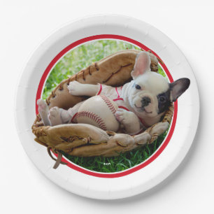 Cute Puppy in a Baseball Mitt Paper Plate