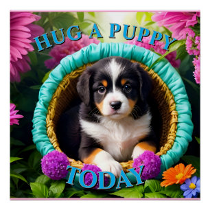 Cute Puppy in a Basket Poster