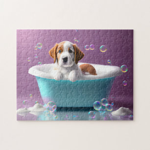 Cute puppy in a bathtub with bubbles, kids jigsaw puzzle