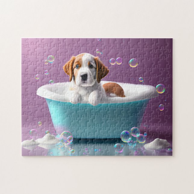 Cute puppy in a bathtub with bubbles, kids  jigsaw puzzle (Horizontal)