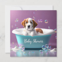 Cute puppy in a bathtub with soap bubbles