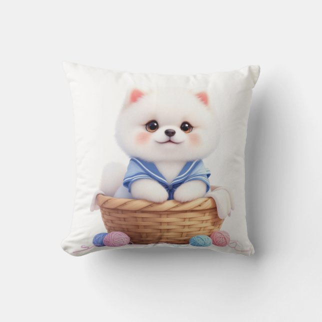 Cute Puppy in Basket Throw Pillow (Front)