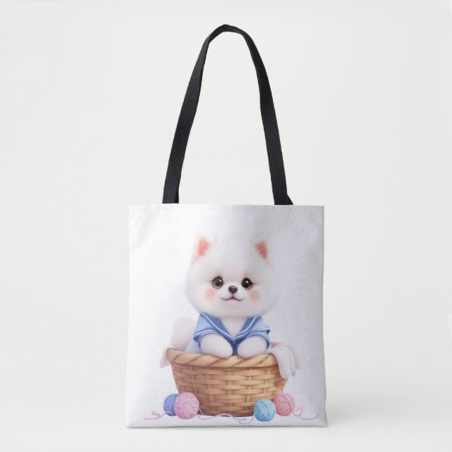 Cute Puppy in Basket Tote Bag (Front)