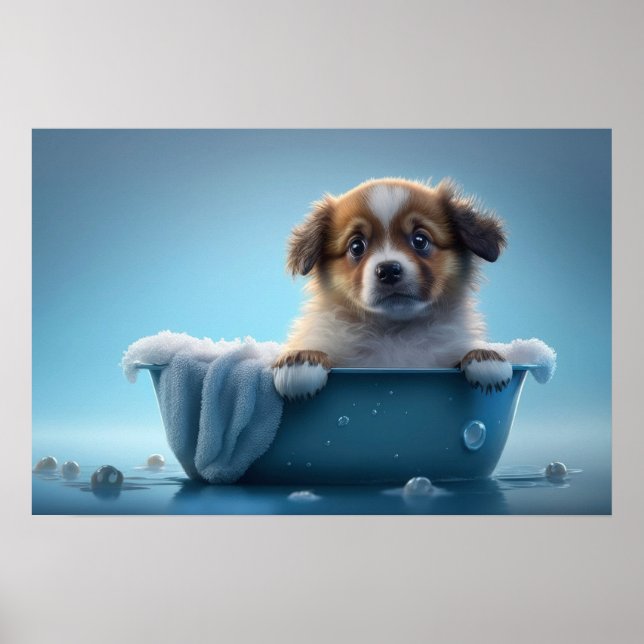 Cute Puppy in Bath Tub Poster (Front)