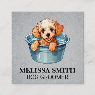 Cute Puppy in Bucket of Water Square Business Card