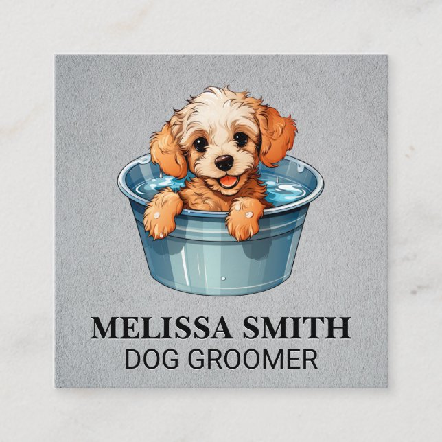 Cute Puppy in Bucket of Water Square Business Card (Front)