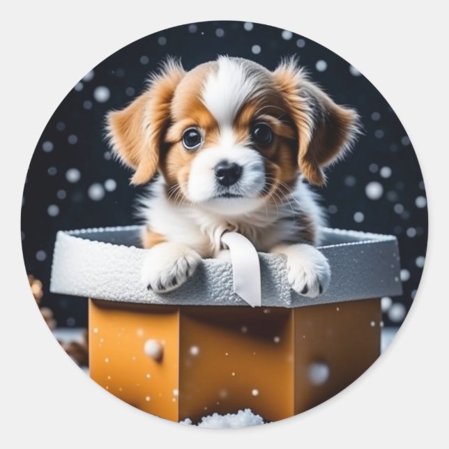 Cute Puppy in Gift Box Holiday Christmas Classic Round Sticker (Front)