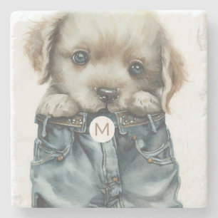 Cute Puppy in Jeans Art Monogram Stone Coaster