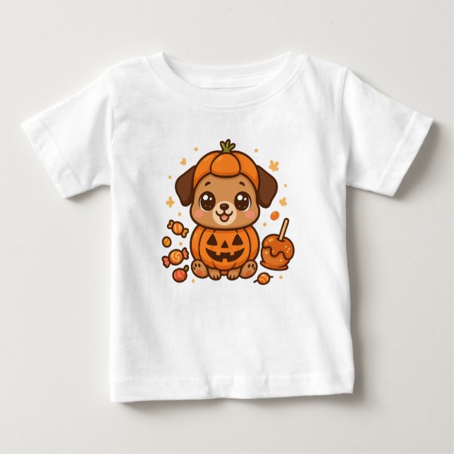 Cute Puppy in Pumpkin Costume – Adorable Halloween Baby T-Shirt (Front)