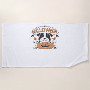 Cute Puppy in Pumpkin – Halloween Dog Illustration Beach Towel