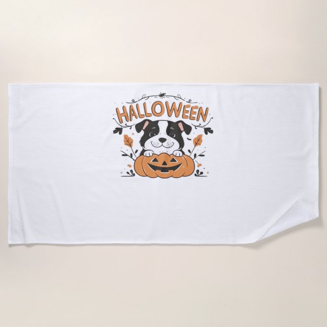 Cute Puppy in Pumpkin – Halloween Dog Illustration Beach Towel (Front)