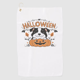Cute Puppy in Pumpkin – Halloween Dog Illustration Golf Towel