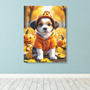 Cute Puppy in Pumpkin Halloween Dog Lovers Canvas Print