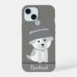 Cute Puppy in Wool Hat Personalised Grey Striped iPhone 15 Case
