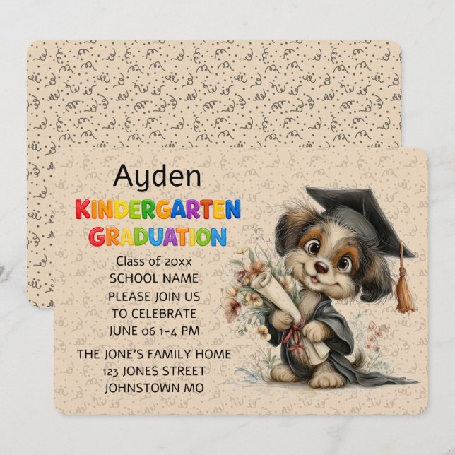 Cute Puppy Kindergarten Graduation Invitation (Front/Back)