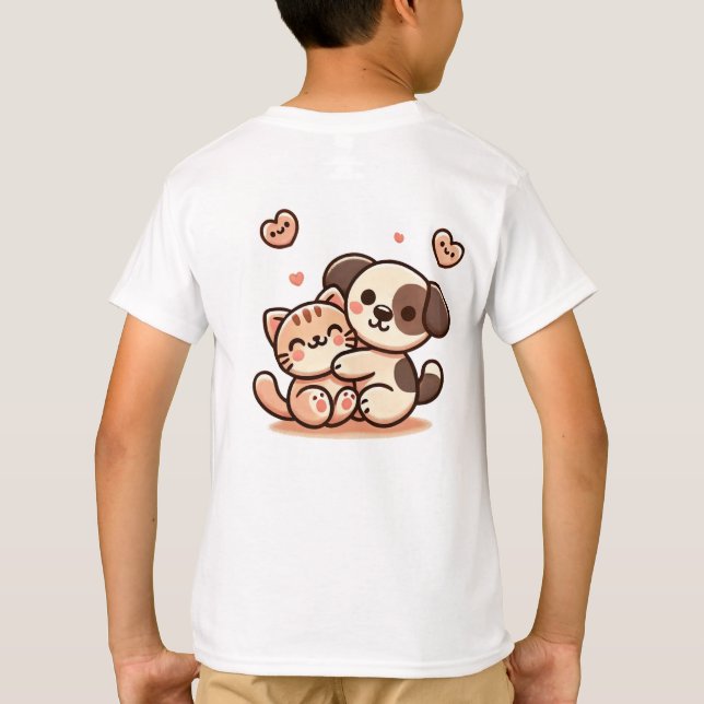 Cute Puppy & Kitten Hug - Adorable Kawaii Design T-Shirt (Back)
