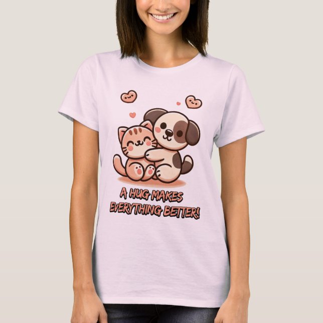 Cute Puppy & Kitten Hug - Adorable Kawaii Design T-Shirt (Front)