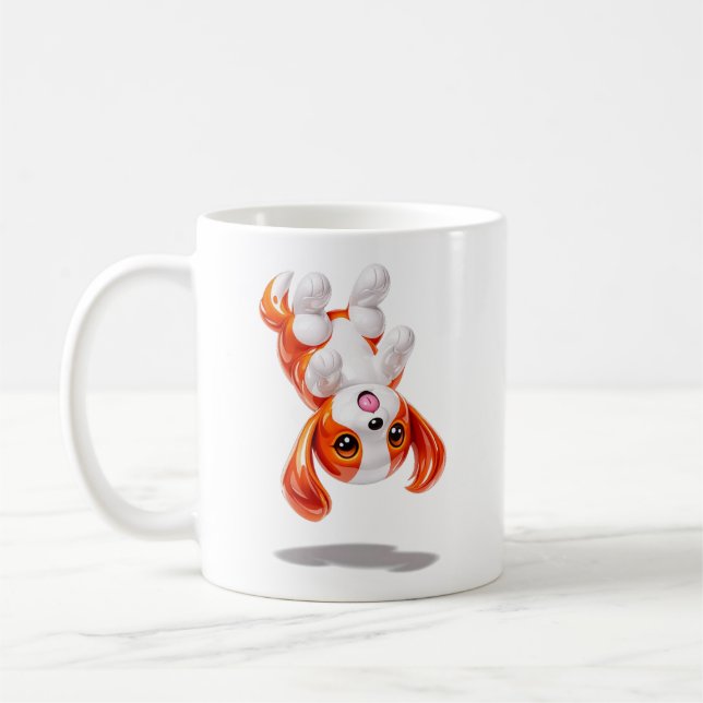 Cute puppy levitating with its head upside down coffee mug (Left)