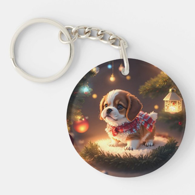Cute Puppy Merry Christmas Key Ring (Front)