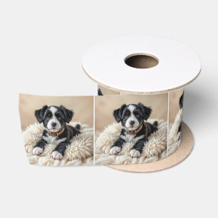 Cute Puppy On a Fur Pillow Satin Ribbon