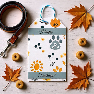 Cute Puppy Paw Floral Birthday Gift Tags