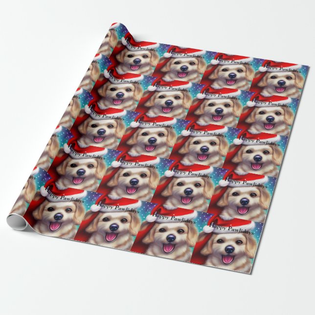 Cute Puppy Pawlidays Wrapping Paper (Unrolled)