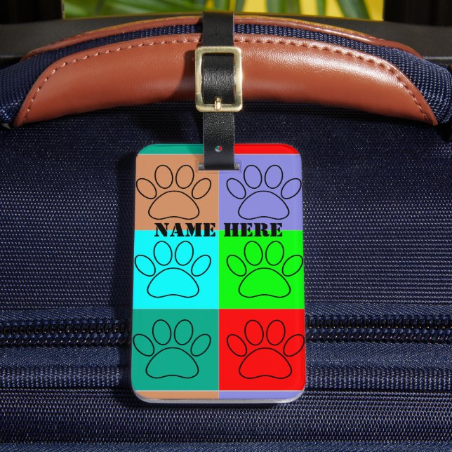 Cute Puppy Paws In Squares Personalise Luggage Tag (Front Insitu 2)